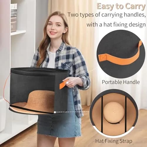 kushon Oversized Clear Hat Storage Box for Women, Cowboy Hat Organizer for Closet, Wide Brims Hat Case with Carrying Handles, Hat Bag (Black) | Holds 6-9 Hats thumbnail 6
