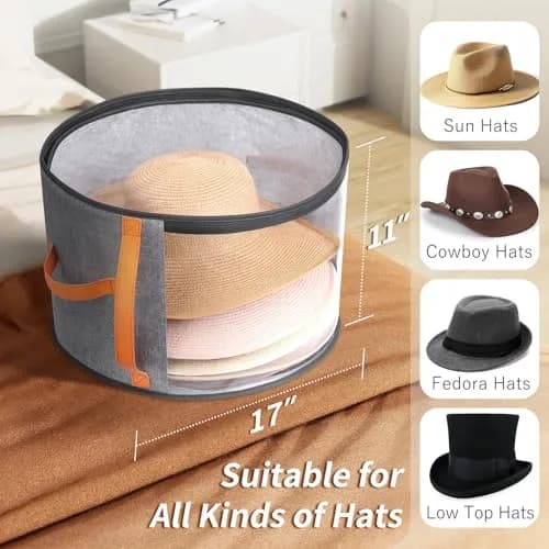 kushon Oversized Clear Hat Storage Box for Women, Wide Brim Cowboy Hat Organizer, 17x11 inches, Grey thumbnail 4