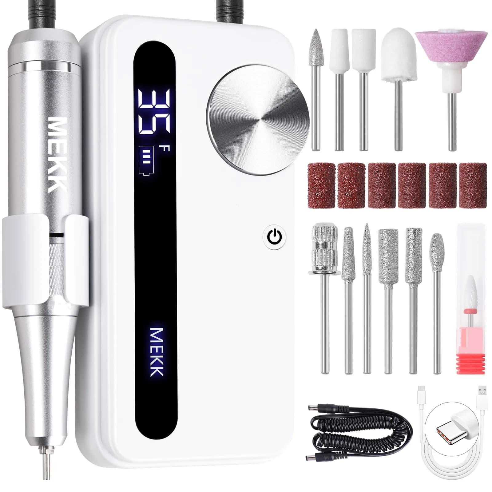 MEKK White 12-Piece Cordless Nail Drill Kit | 35000 RPM LCD Display E-File - main product image