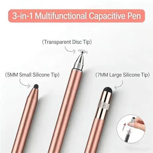 fllynewrite 3-in-1 Stylus Pen for Samsung Galaxy Tab A9+/A8/A7/A7 Lite & iPad Pro/iPhone/Fire/Surface, Rose Gold (1 Disc Tip + 1 Cap) thumbnail 2