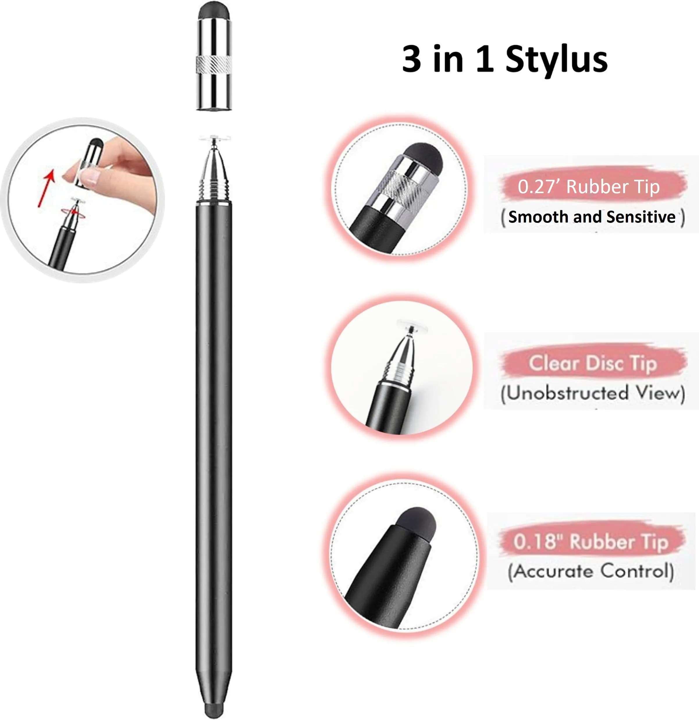 fllynewrite 3-in-1 Stylus Pen for Samsung Galaxy Tab A9+/A9/A8/A7/A7 Lite, iPad Pro/iPhone/Fire/Surface | Universal Touchscreen Input Pen (Black) - view 2