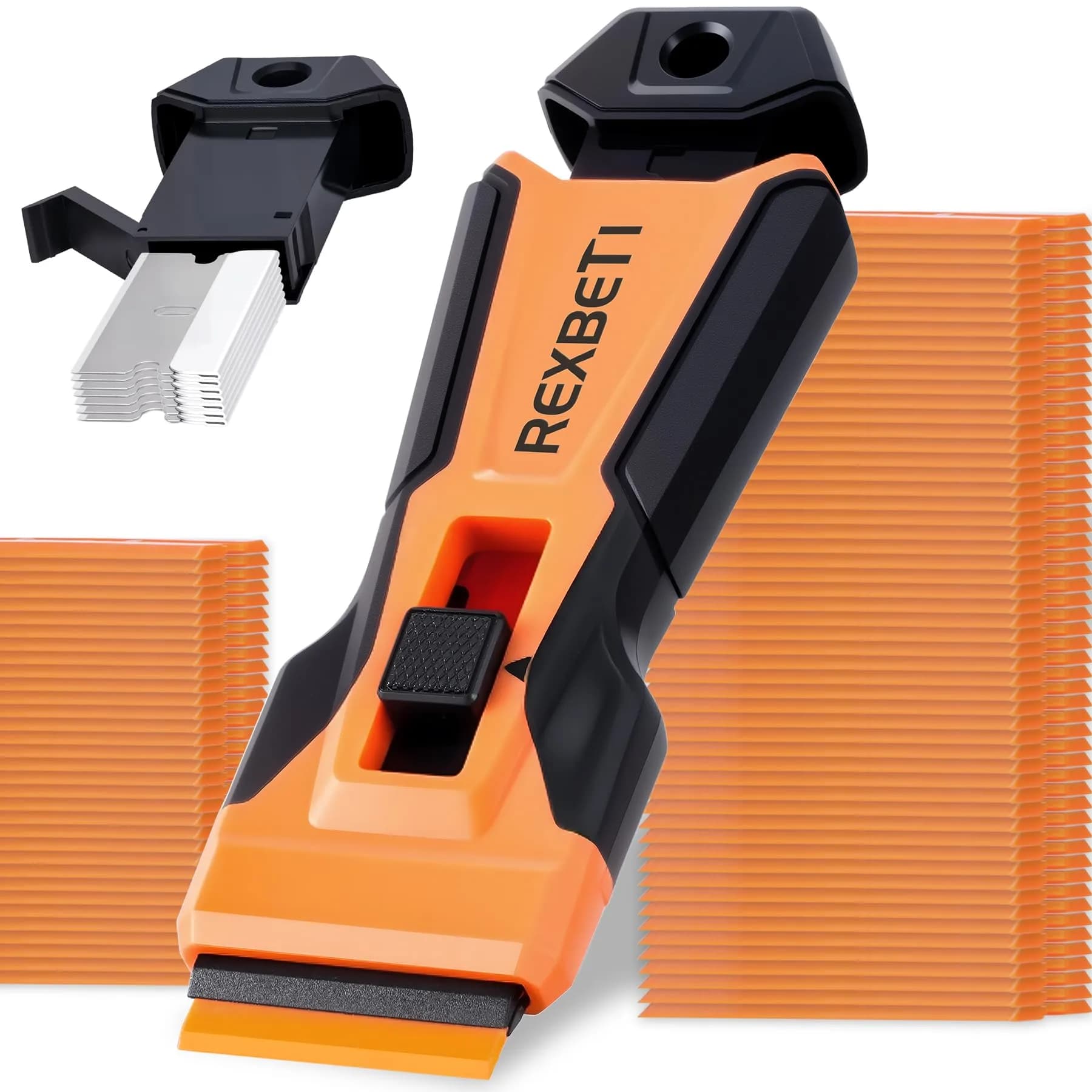 REXBETI Upgraded Razor Blade Scraper Tool | 7 Metal & 150 Plastic Blades for Glass, Stovetop, Walls - main product image