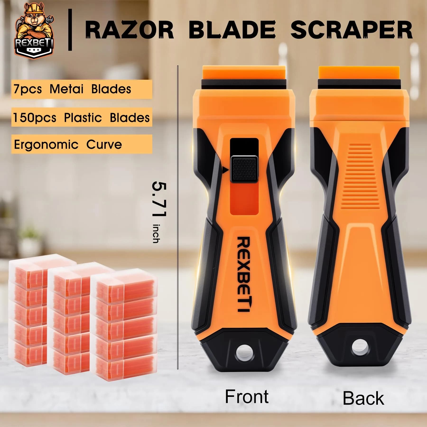 REXBETI Upgraded Razor Blade Scraper Tool | 7 Metal & 150 Plastic Blades for Glass, Stovetop, Walls - view 2