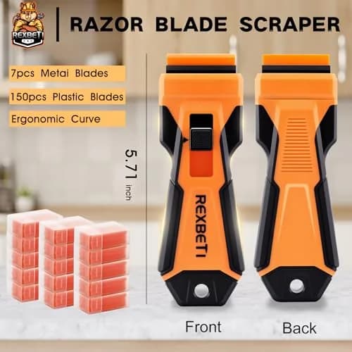 REXBETI Upgraded Razor Blade Scraper Tool | 7 Metal & 150 Plastic Blades for Glass, Stovetop, Walls thumbnail 2