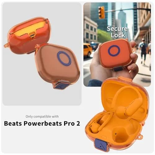 Nimuw Secure Lock Case for Beats Powerbeats Pro 2, Clear Orange | Full Body Protection with Carabiner & Cleaning Kit thumbnail 2