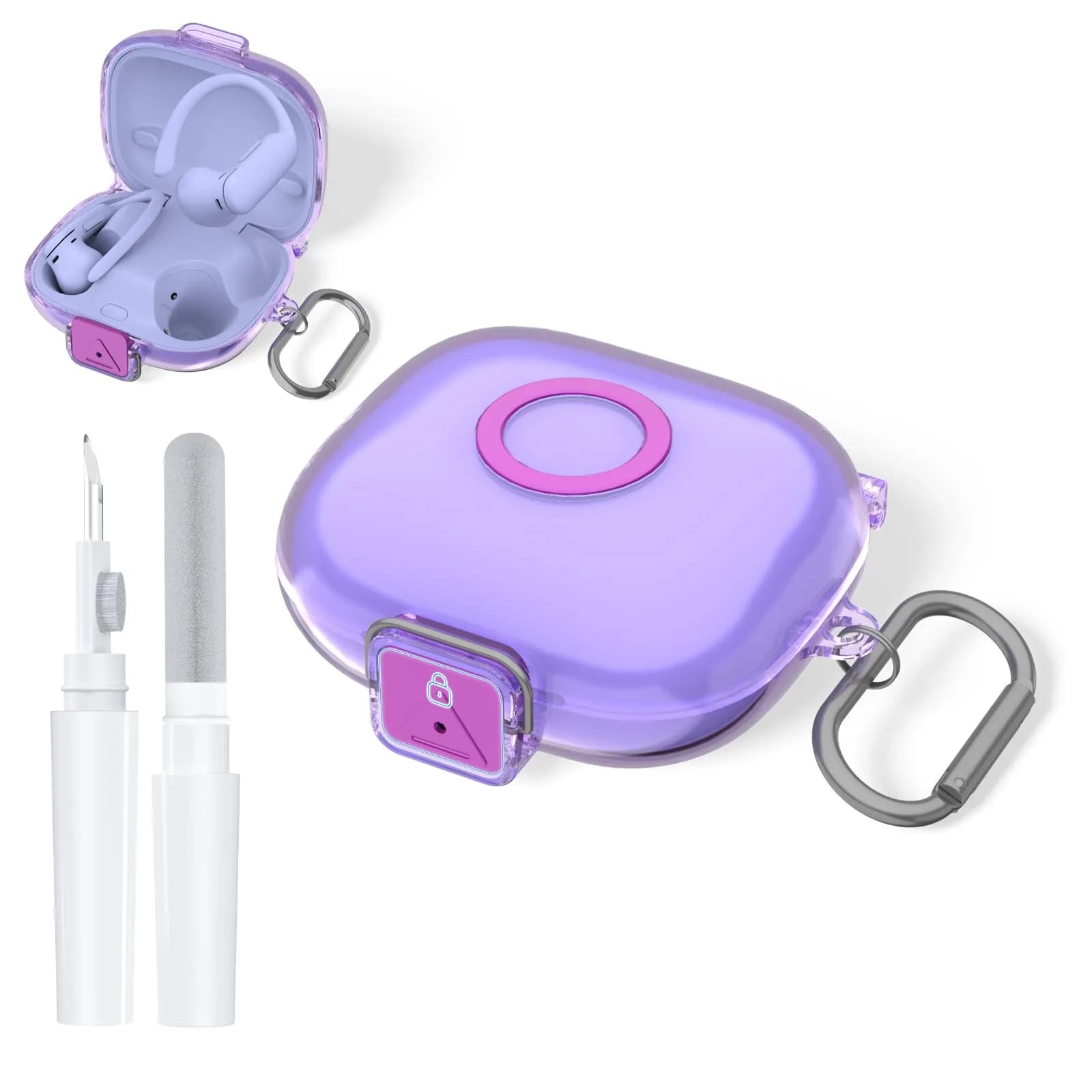 Nimuw Secure Lock Case for Beats Powerbeats Pro 2 | Clear Purple TPU with Carabiner & Cleaning Kit