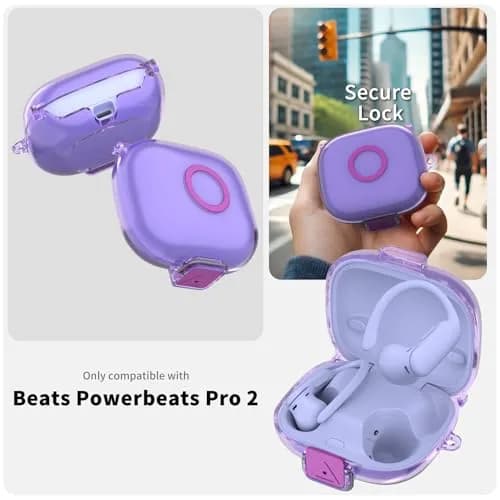 Nimuw Secure Lock Case for Beats Powerbeats Pro 2 | Clear Purple TPU with Carabiner & Cleaning Kit thumbnail 2
