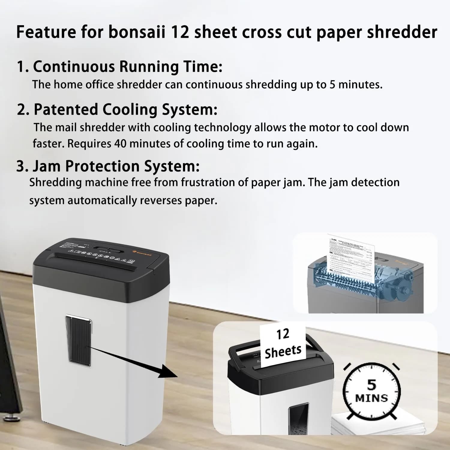 Bonsaii 12-Sheet Cross Cut Shredder 5.5 Gal (20.8 L) | P-4 Security, 5 Min Duty Cycle - view 5