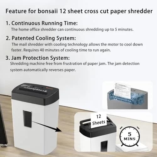 Bonsaii 12-Sheet Cross Cut Shredder 5.5 Gal (20.8 L) | P-4 Security, 5 Min Duty Cycle thumbnail 5