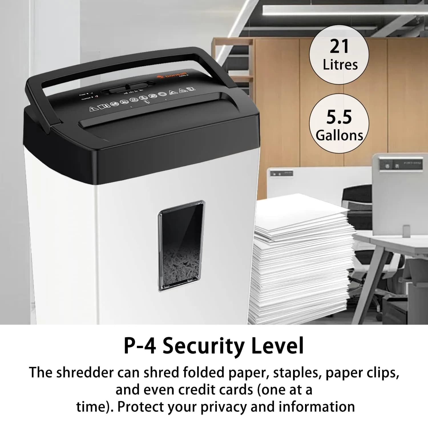 Bonsaii 12-Sheet Cross Cut Shredder 5.5 Gal (20.8 L) | P-4 Security, 5 Min Duty Cycle - view 6