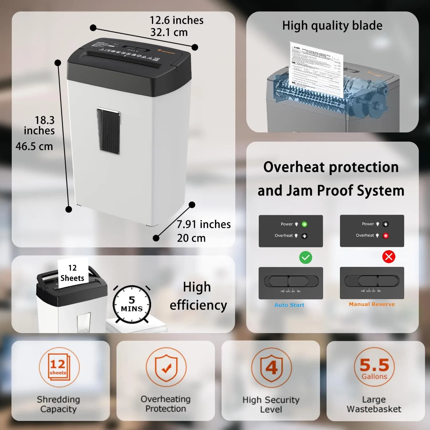 Bonsaii 12-Sheet Cross-Cut Paper Shredder, P-4 Security Level, Large Size in White and Black - view 2