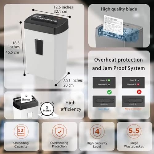 Bonsaii 12-Sheet Cross Cut Shredder 5.5 Gal (20.8 L) | P-4 Security, 5 Min Duty Cycle thumbnail 2