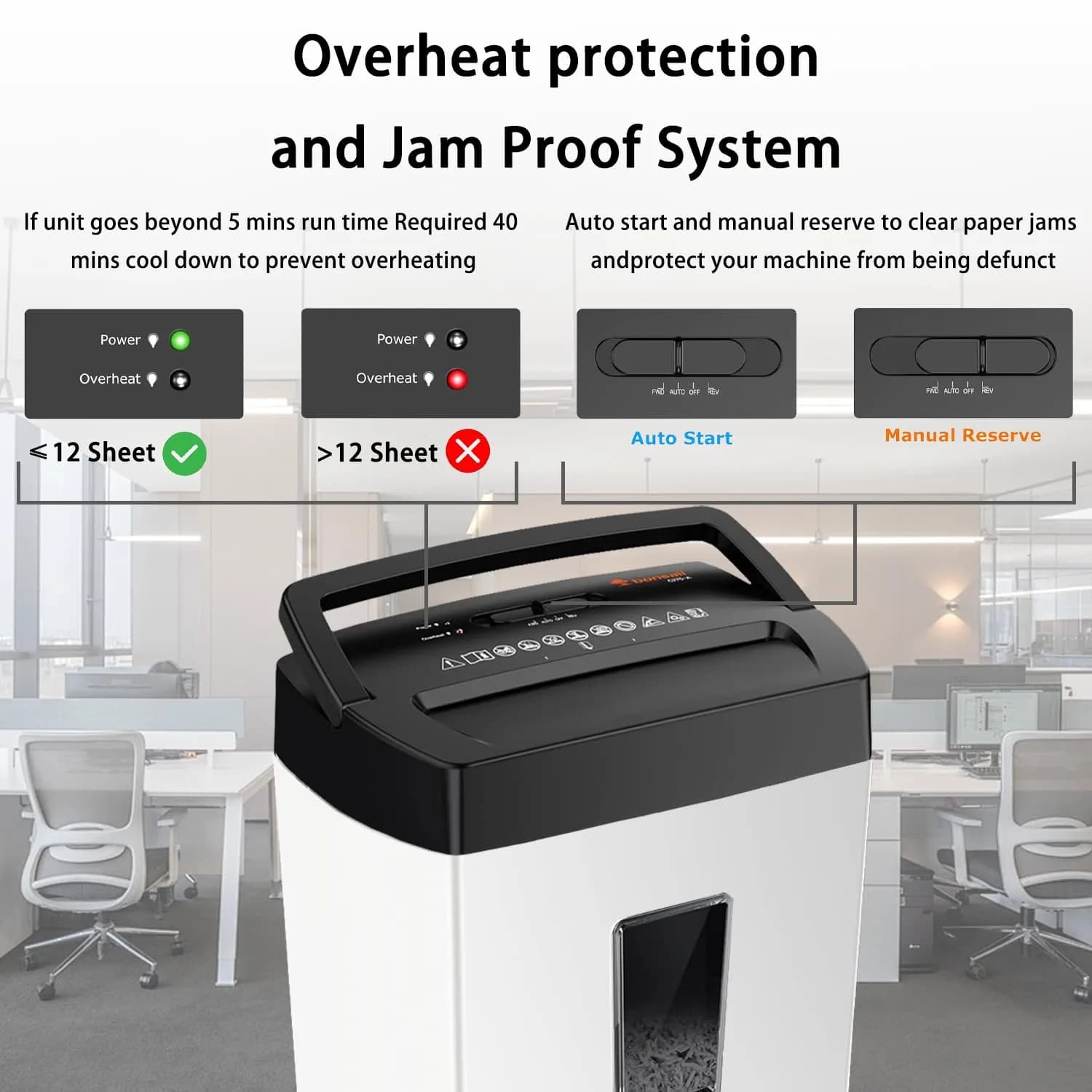 Bonsaii 12-Sheet Cross-Cut Paper Shredder, P-4 Security Level, Large Size in White and Black - view 4