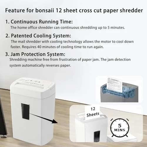 Bonsaii 12-Sheet Cross Cut Shredder P-4 Security 21.5L (5.5 Gal) | Quiet & Reliable for Home Office thumbnail 5