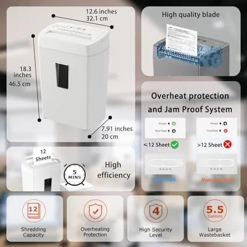 Bonsaii 12-Sheet Cross Cut Shredder P-4 Security 21.5L (5.5 Gal) | Quiet & Reliable for Home Office thumbnail 2