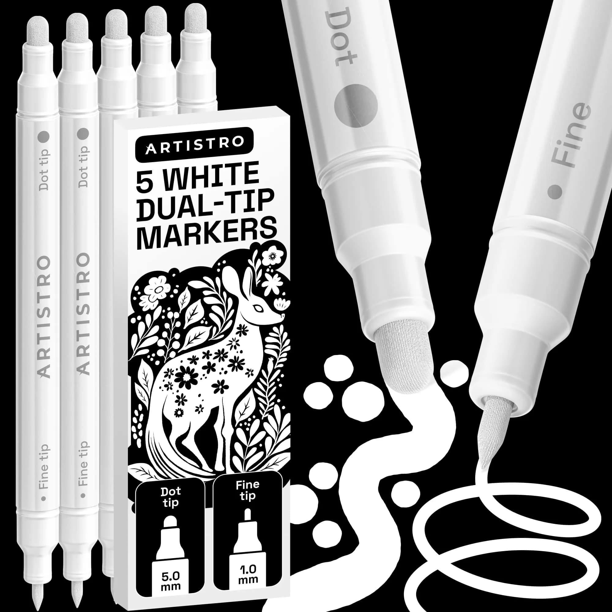 ARTISTRO White Dual-Tip Acrylic Paint Markers Set (5 Pens) | Opaque Multi-Surface Craft Pens - main product image