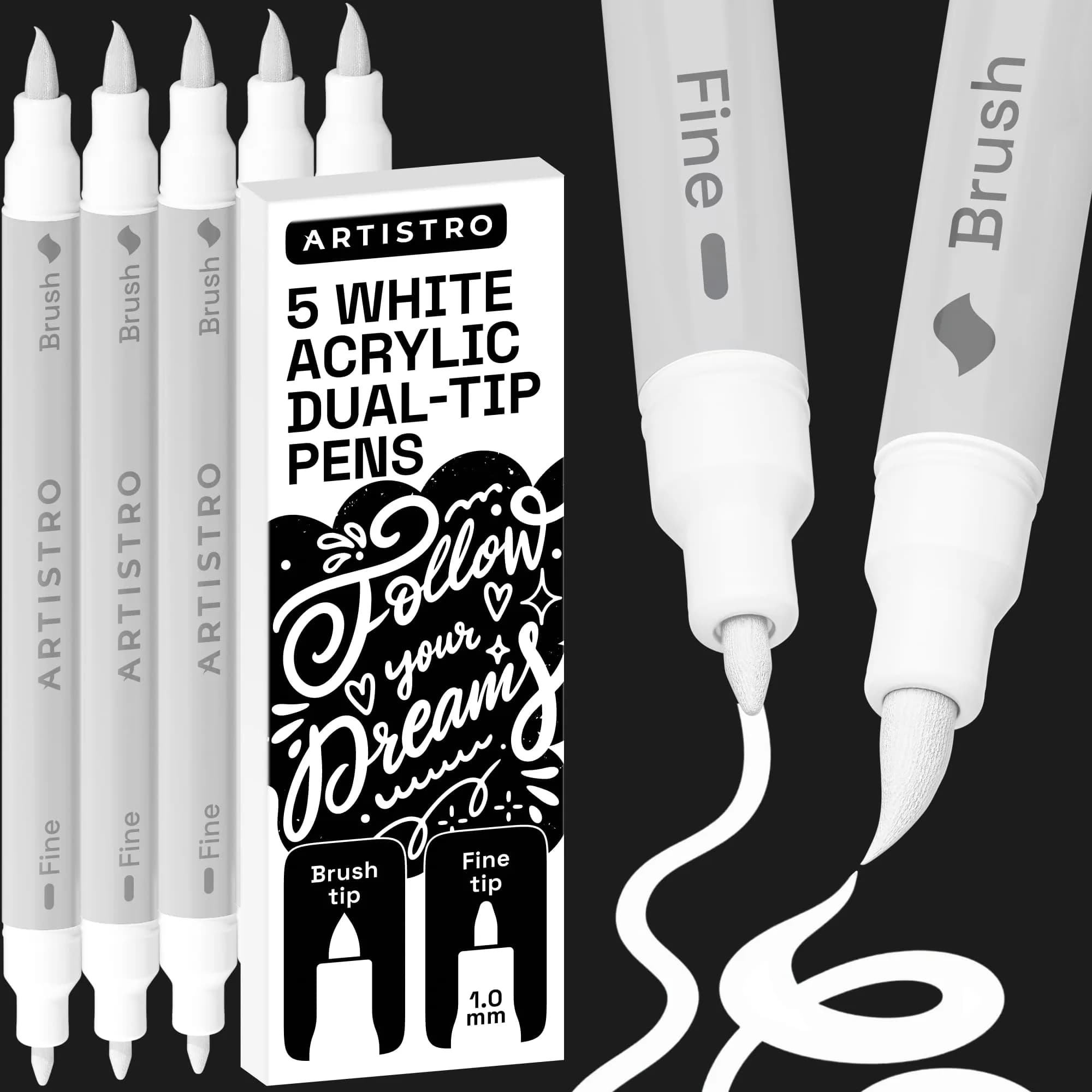 ARTISTRO White Acrylic Paint Markers Dual Tip (5-Pack) | Non-Toxic Art Supplies for India - main product image