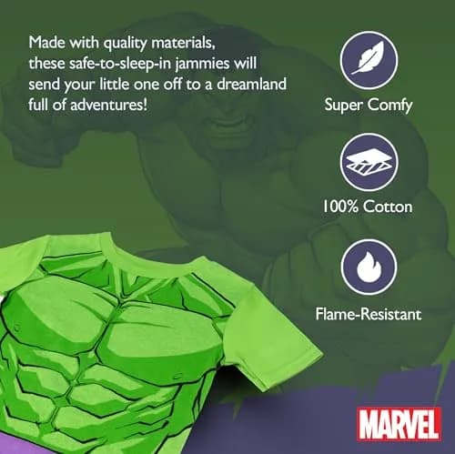 Marvel Boys' 2-Piece Snug-fit Cotton Pajama Set, Soft & Cute for Kids, HULK SMASH, 10 | Comfortable Year-Round Sleepwear thumbnail 2