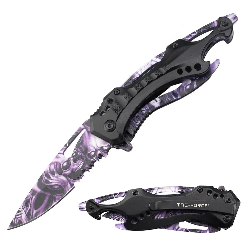 Tac-Force Folding Pocket Knife 3.25 inch Half Serrated Blade | Durable EDC Tool with Skull Print Handle