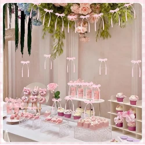 NatNarr Pink Ribbon Bow Cake Toppers (30 Pack, 2.9 x 5.7 inches) | Viral Coquette Style for Indian Parties thumbnail 6