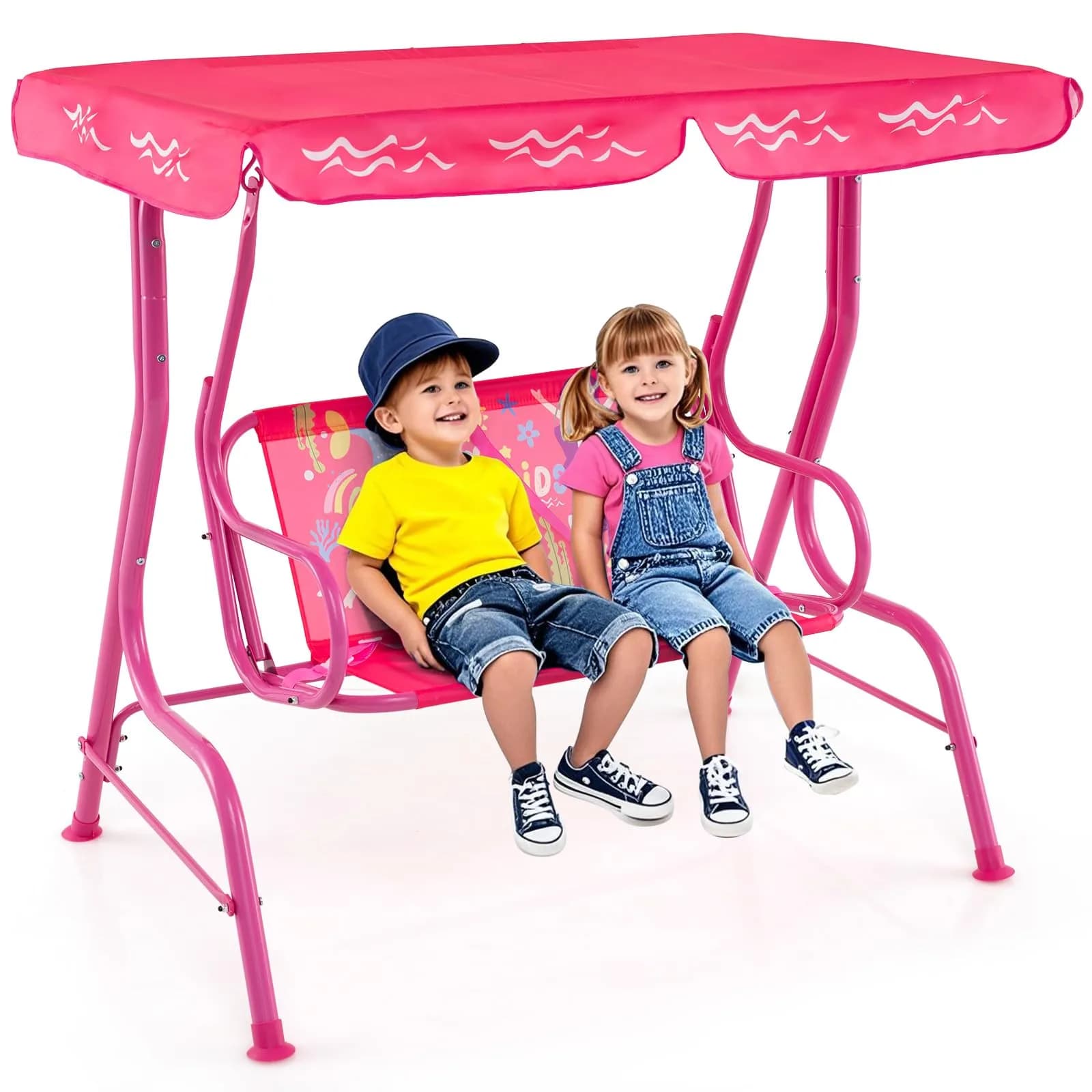 HONEY JOY Kids Patio Swing 2-Seater Adjustable Canopy Waterproof | Safe & All Weather — Pink Mermaid