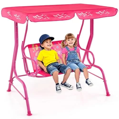 HONEY JOY Kids Patio Swing 2-Seater Adjustable Canopy Waterproof Pink Mermaid | Safe & All Weather thumbnail 1