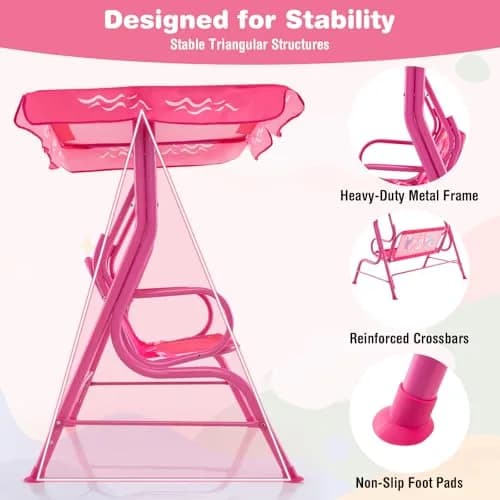 HONEY JOY Kids Patio Swing 2-Seater Adjustable Canopy Waterproof Pink Mermaid | Safe & All Weather thumbnail 4
