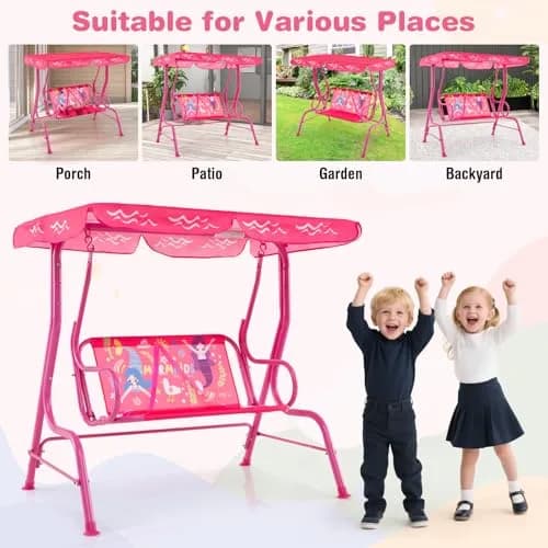 HONEY JOY Kids Patio Swing 2-Seater Adjustable Canopy Waterproof Pink Mermaid | Safe & All Weather thumbnail 5