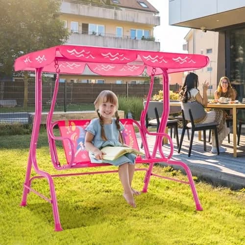 HONEY JOY Kids Patio Swing 2-Seater Adjustable Canopy Waterproof Pink Mermaid | Safe & All Weather thumbnail 7