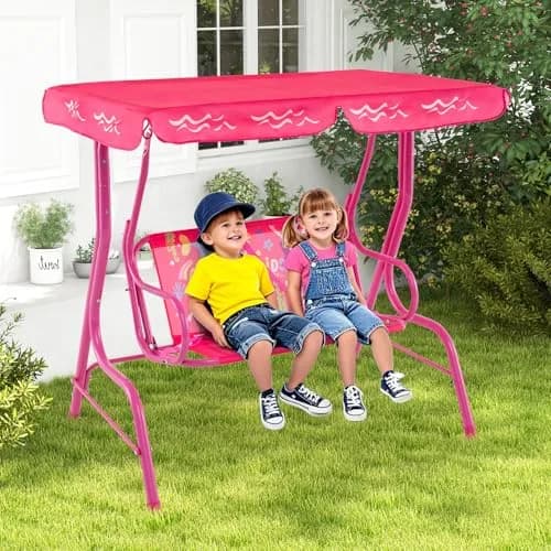 HONEY JOY Kids Patio Swing 2-Seater Adjustable Canopy Waterproof Pink Mermaid | Safe & All Weather thumbnail 8
