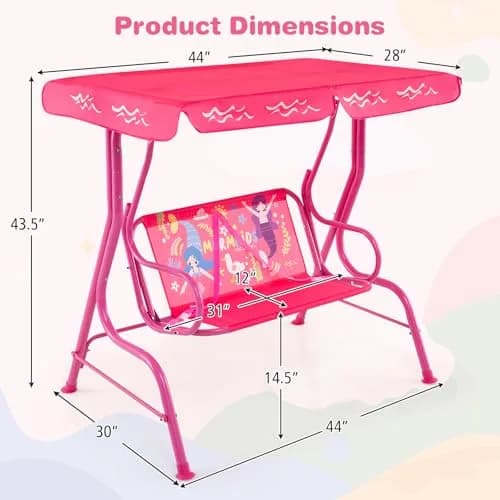 HONEY JOY Kids Patio Swing 2-Seater Adjustable Canopy Waterproof Pink Mermaid | Safe & All Weather thumbnail 9