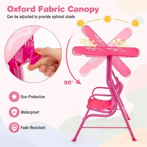 HONEY JOY Kids Patio Swing 2-Seater Adjustable Canopy Waterproof Pink Mermaid | Safe & All Weather thumbnail 2