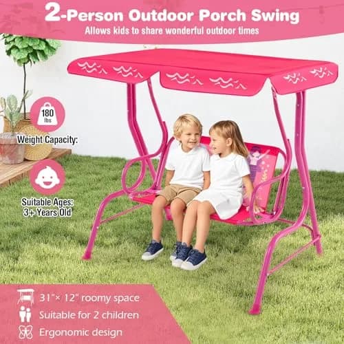 HONEY JOY Kids Patio Swing 2-Seater Adjustable Canopy Waterproof Pink Mermaid | Safe & All Weather thumbnail 3