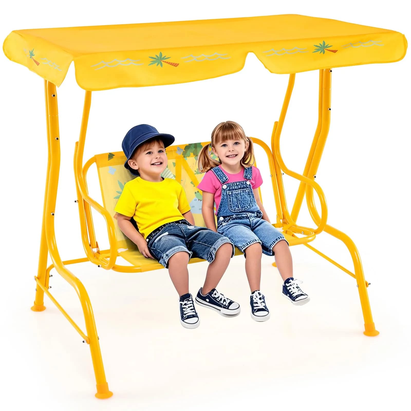 HONEY JOY Kids Patio Swing 2-Seater Adjustable Canopy Waterproof | Safe & All Weather — Yellow Dinosaur