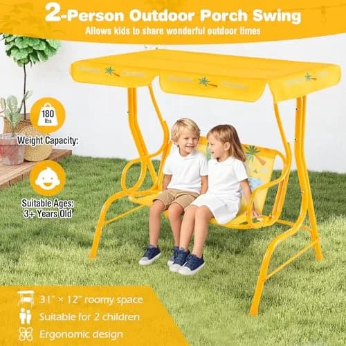 HONEY JOY Kids Patio Swing 2-Seater Adjustable Canopy Waterproof | Safe & All Weather thumbnail 3
