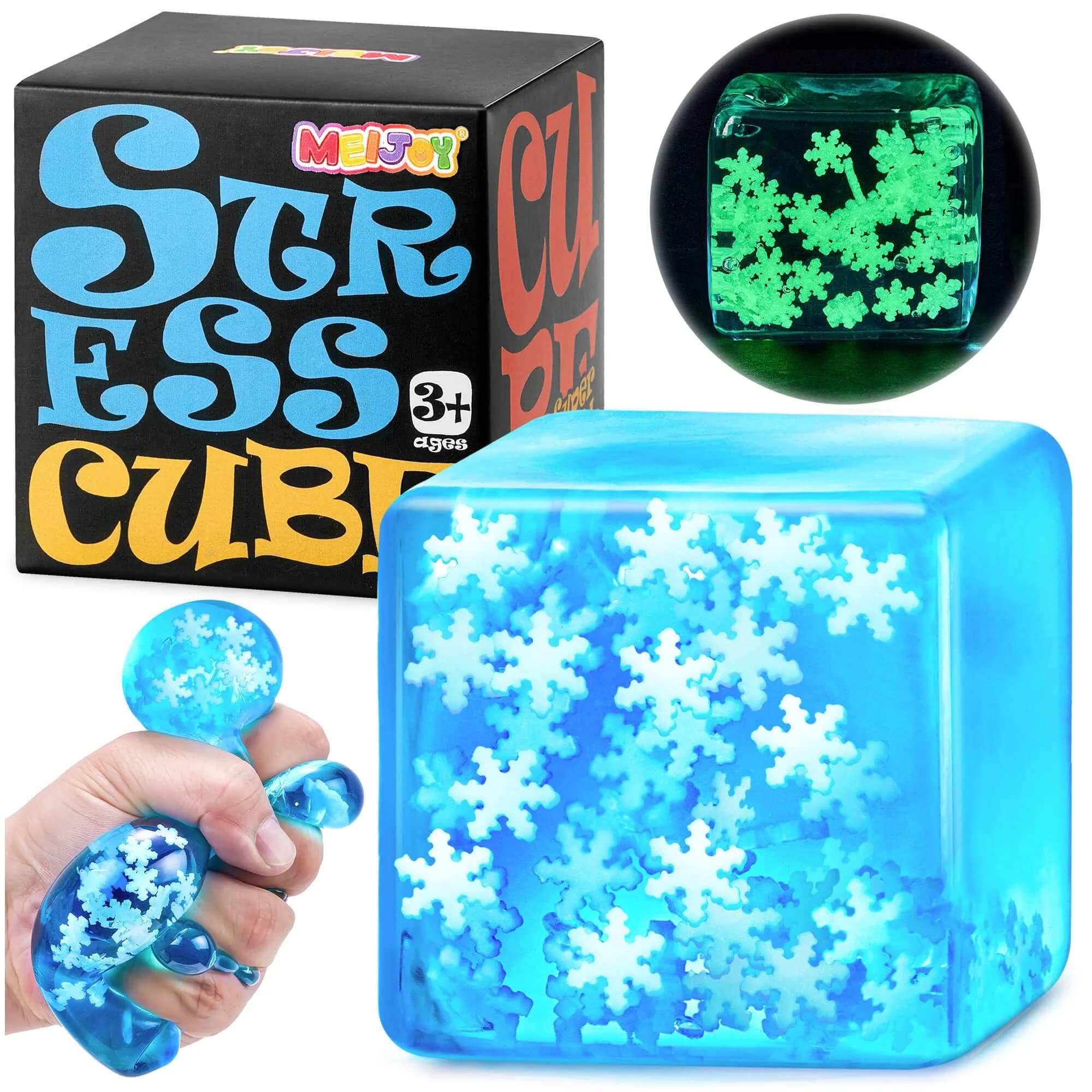 Meijoy Glow in The Dark Snowflakes Stress Cube 5.5cm (2.17 inches) | ASTM-Tested Sensory Toy for Kids & Adults