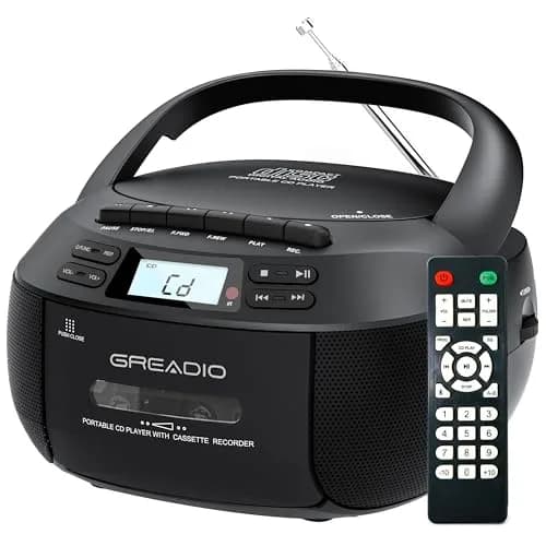 Greadio Boombox CD and Cassette Player Combo with Bluetooth 5.1, AM/FM Radio, USB, AUX, Remote Control, AC/Battery Operated, 1.5 kg (3.3 lb) - Black thumbnail 1