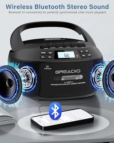 Greadio Boombox CD and Cassette Player Combo with Bluetooth 5.1, AM/FM Radio, USB, AUX, Remote Control, AC/Battery Operated, 1.5 kg (3.3 lb) - Black thumbnail 5