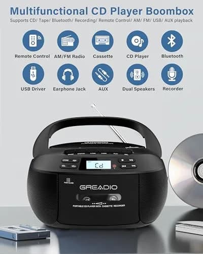 Greadio Boombox CD and Cassette Player Combo with Bluetooth 5.1, AM/FM Radio, USB, AUX, Remote Control, AC/Battery Operated, 1.5 kg (3.3 lb) - Black thumbnail 2