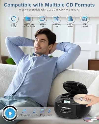 Greadio Boombox CD and Cassette Player Combo with Bluetooth 5.1, AM/FM Radio, USB, AUX, Remote Control, AC/Battery Operated, 1.5 kg (3.3 lb) - Black thumbnail 3