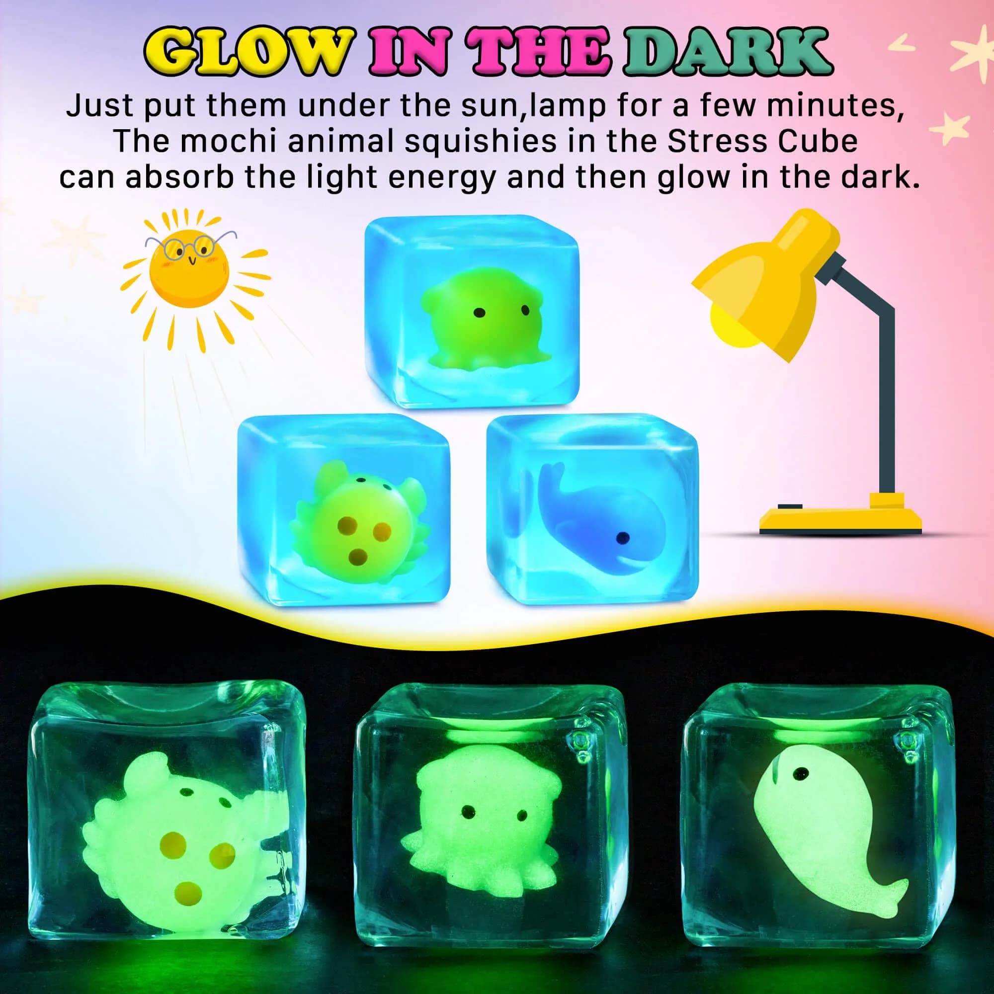 Meijoy Glow in The Dark Squishy Stress Cube with Mochi Animals, Ice-Shaped Exterior, 5.5cm (2.17") | Safe Non-Toxic BPA-Free Sensory Toy - view 3