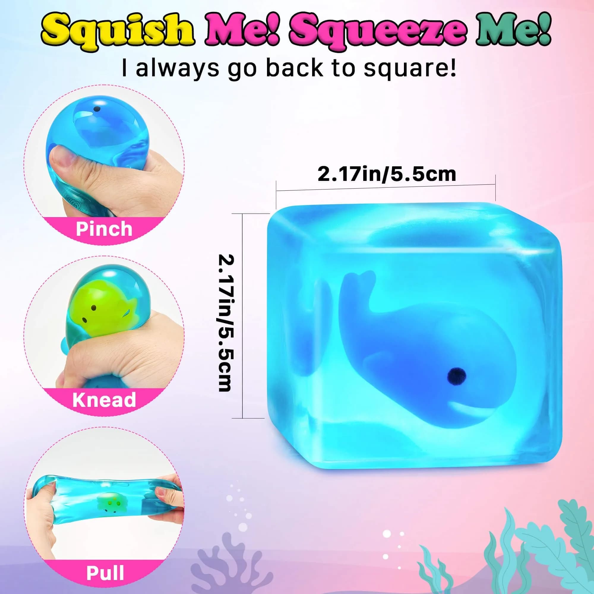 Meijoy Glow in The Dark Squishy Stress Cube with Mochi Animals, Ice-Shaped Exterior, 5.5cm (2.17") | Safe Non-Toxic BPA-Free Sensory Toy - view 5