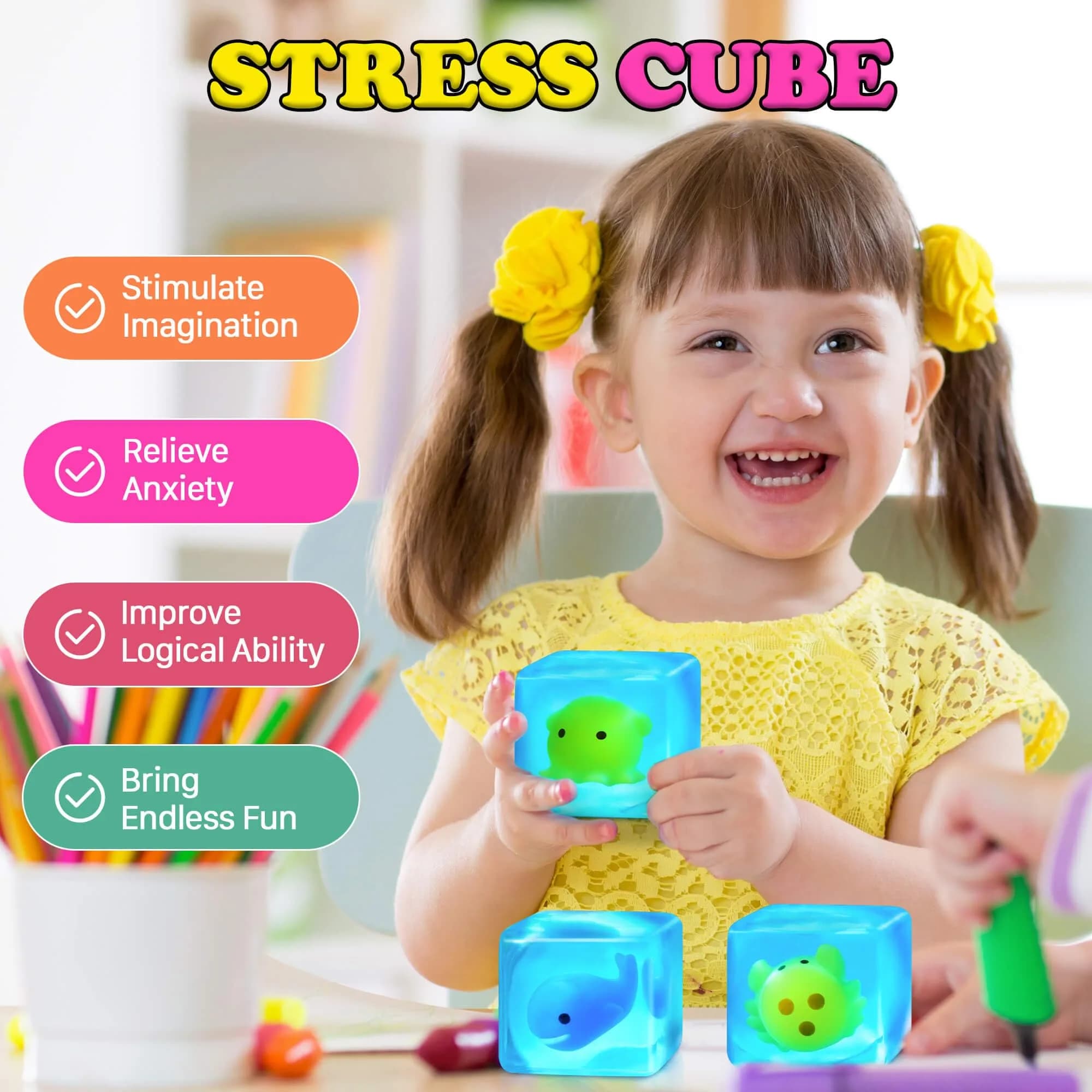 Meijoy Glow in The Dark Squishy Stress Cube with Mochi Animals, Ice-Shaped Exterior, 5.5cm (2.17") | Safe Non-Toxic BPA-Free Sensory Toy - view 7