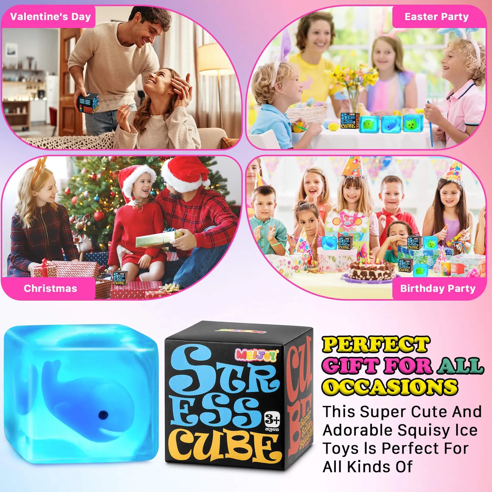 Meijoy Glow in The Dark Squishy Stress Cube with Mochi Animals, Ice-Shaped Exterior, 5.5cm (2.17") | Safe Non-Toxic BPA-Free Sensory Toy - view 8