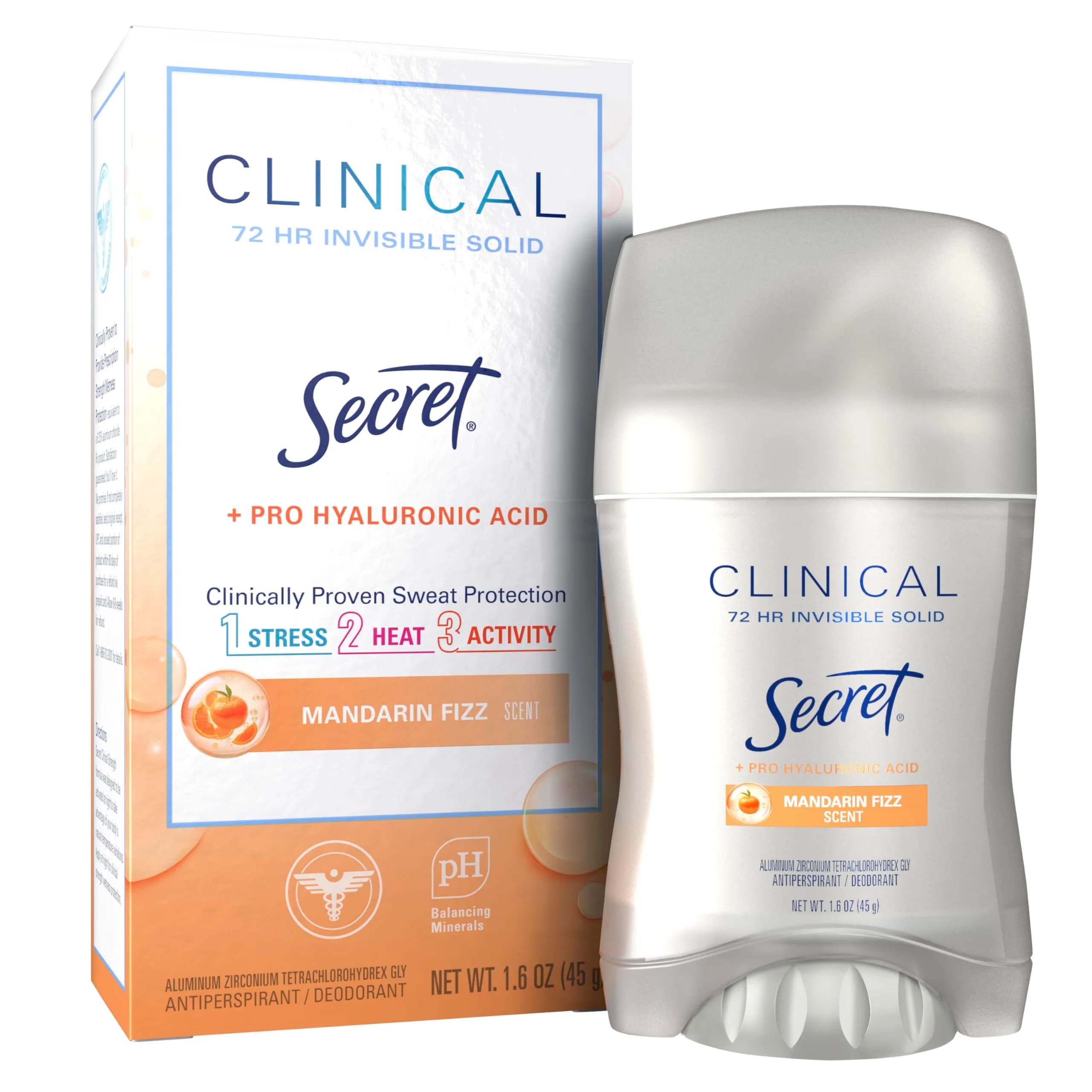 Secret Clinical Strength Invisible Solid Antiperspirant Deodorant for Women 1.6 oz (45.3 g) | 100-Hour Stress & Odor Protection — Mandarin Fizz / 1.6 Ounce
