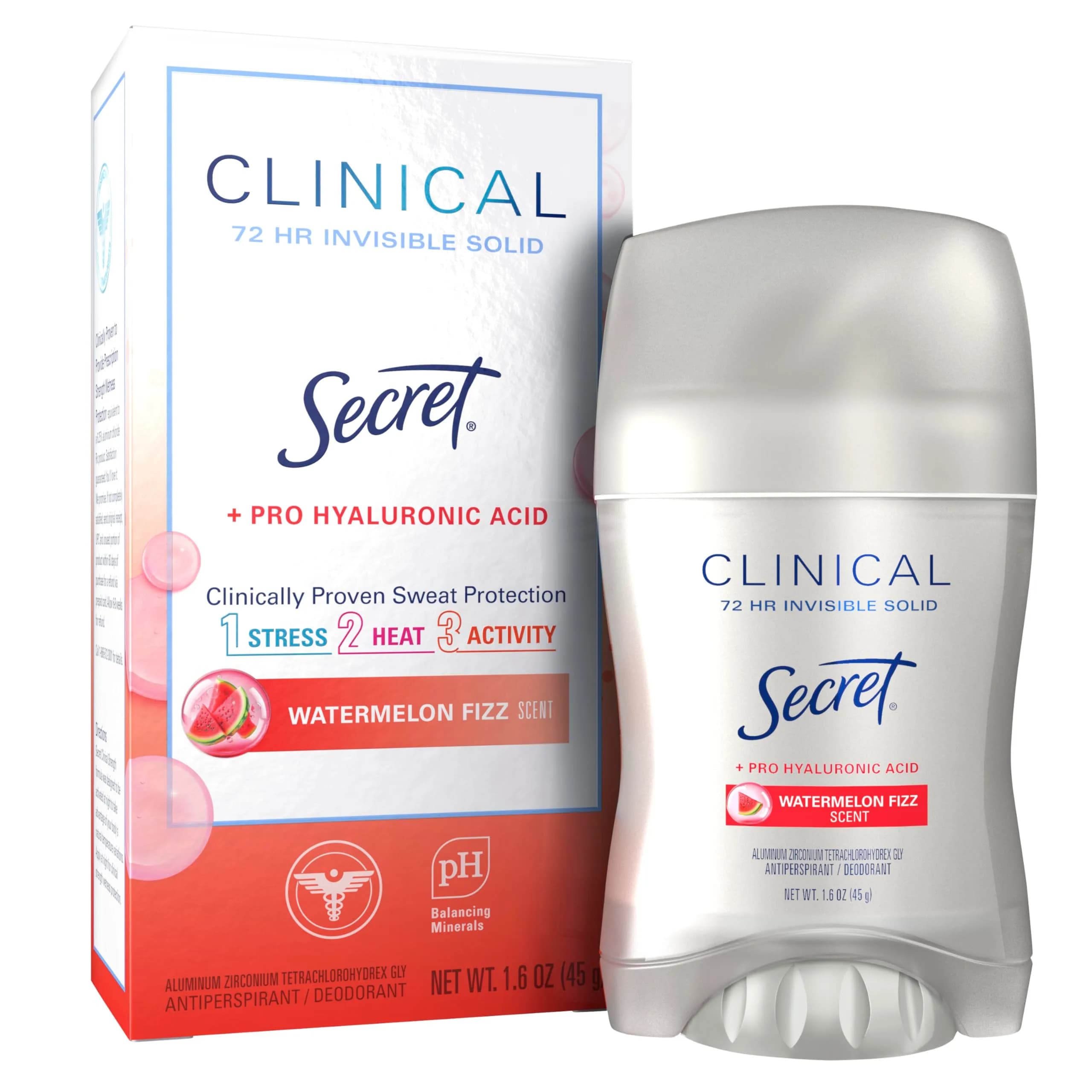 Secret Clinical Strength Invisible Solid Antiperspirant Deodorant for Women 1.6 oz (45.3 g) | 100-Hour Stress & Odor Protection — Watermelon Fizz / 1.6 Ounce