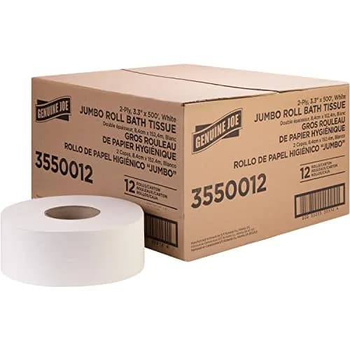 Genuine Joe Jumbo Roll Bath Tissue, 2-Ply, 3.3" x 500', White, 12 Count | Recycled, Septic Safe thumbnail 1