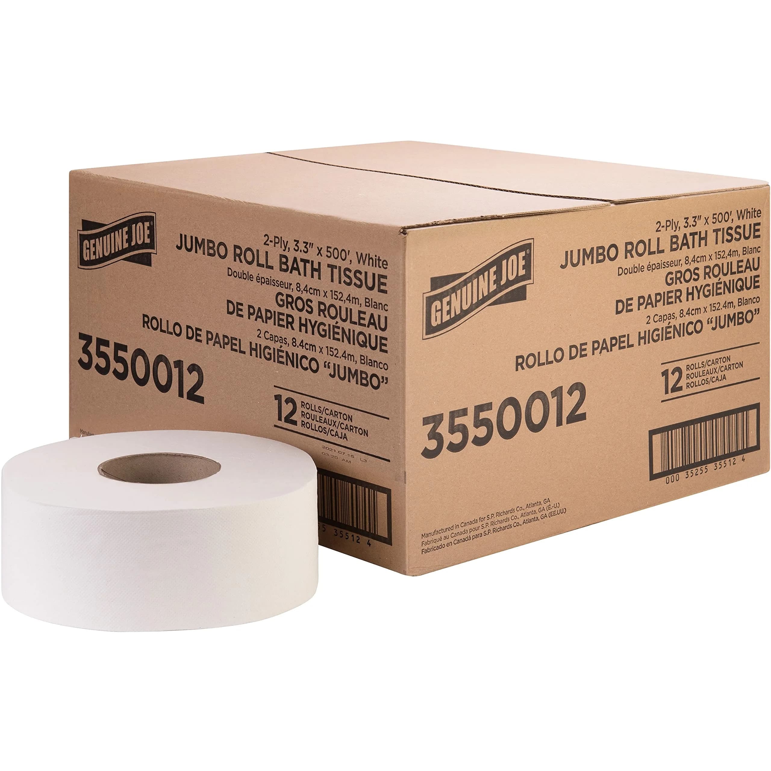 Genuine Joe Jumbo Roll Bath Tissue, 2-Ply, 3.3" x 500', White, 12 Count | Recycled, Septic Safe
