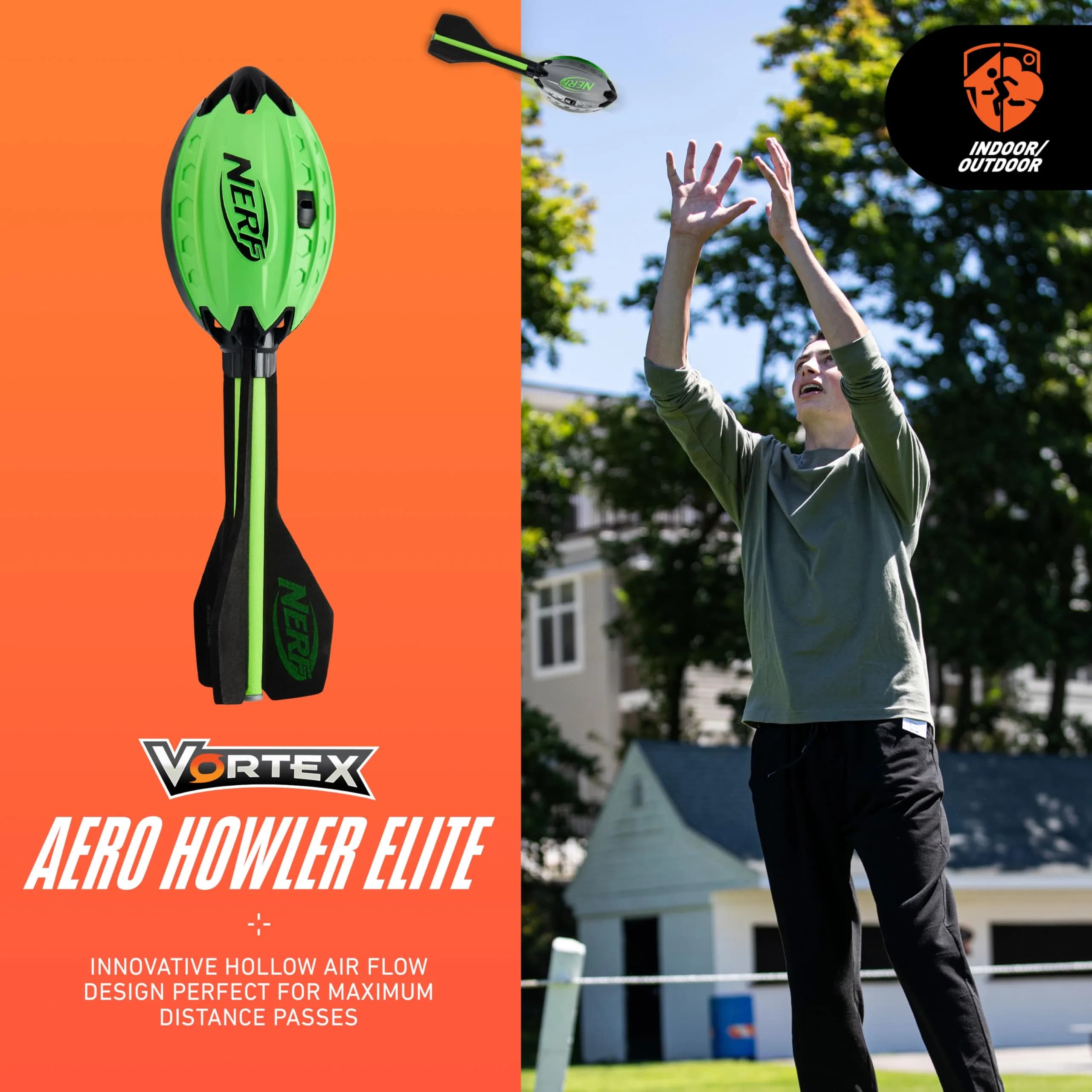 Nerf Elite Vortex Aero Howler Foam Football Green | Whistling Flight, Long-Distance Spiral Throws, Textured Grip Design - view 2