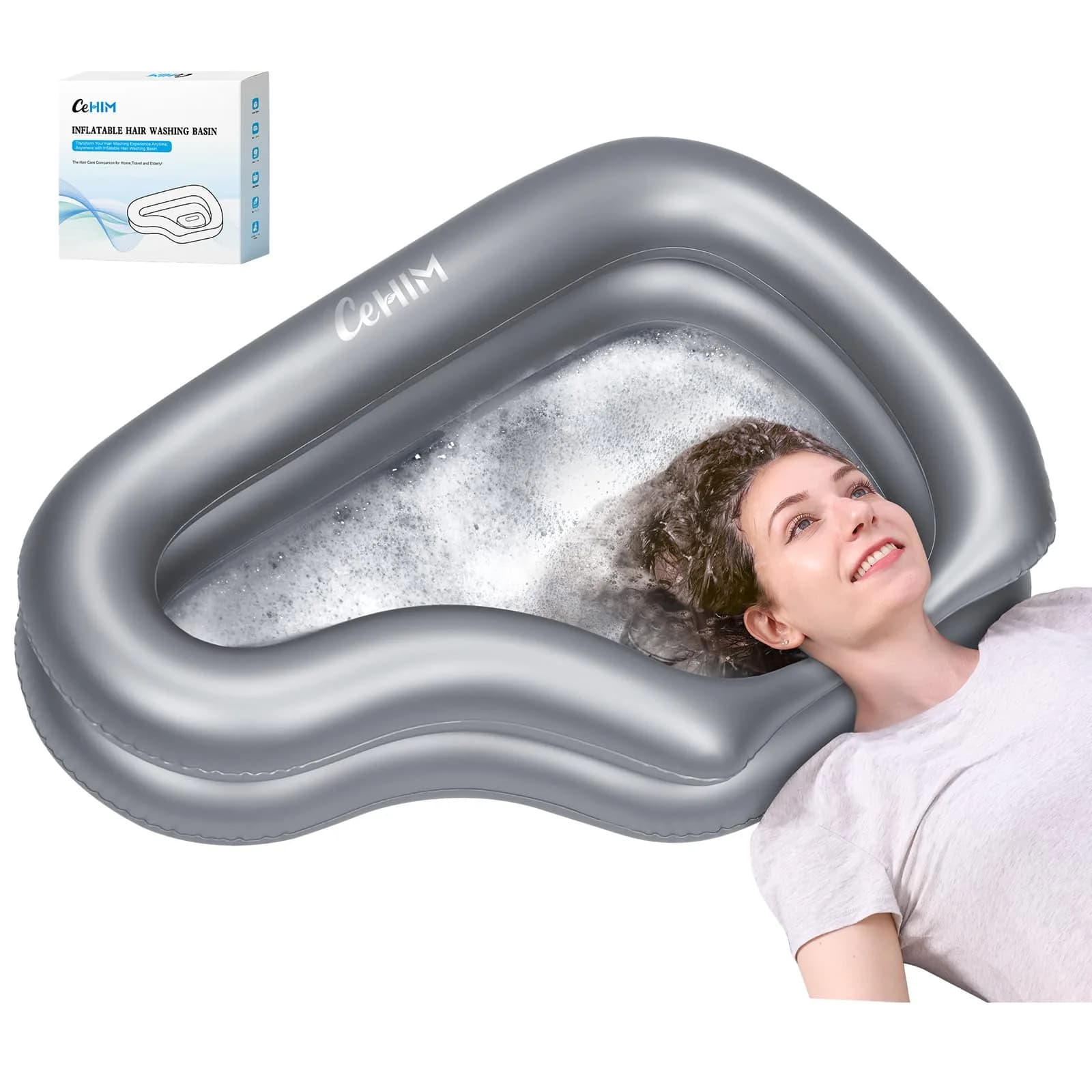 Cehim Inflatable Shampoo Basin for Elderly Bedside Hair Washing | Portable, Leak-Proof, Quick Inflatable (32.8 x 22 x 7.08 inches)